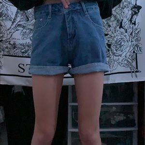 blue shorts, high waisted